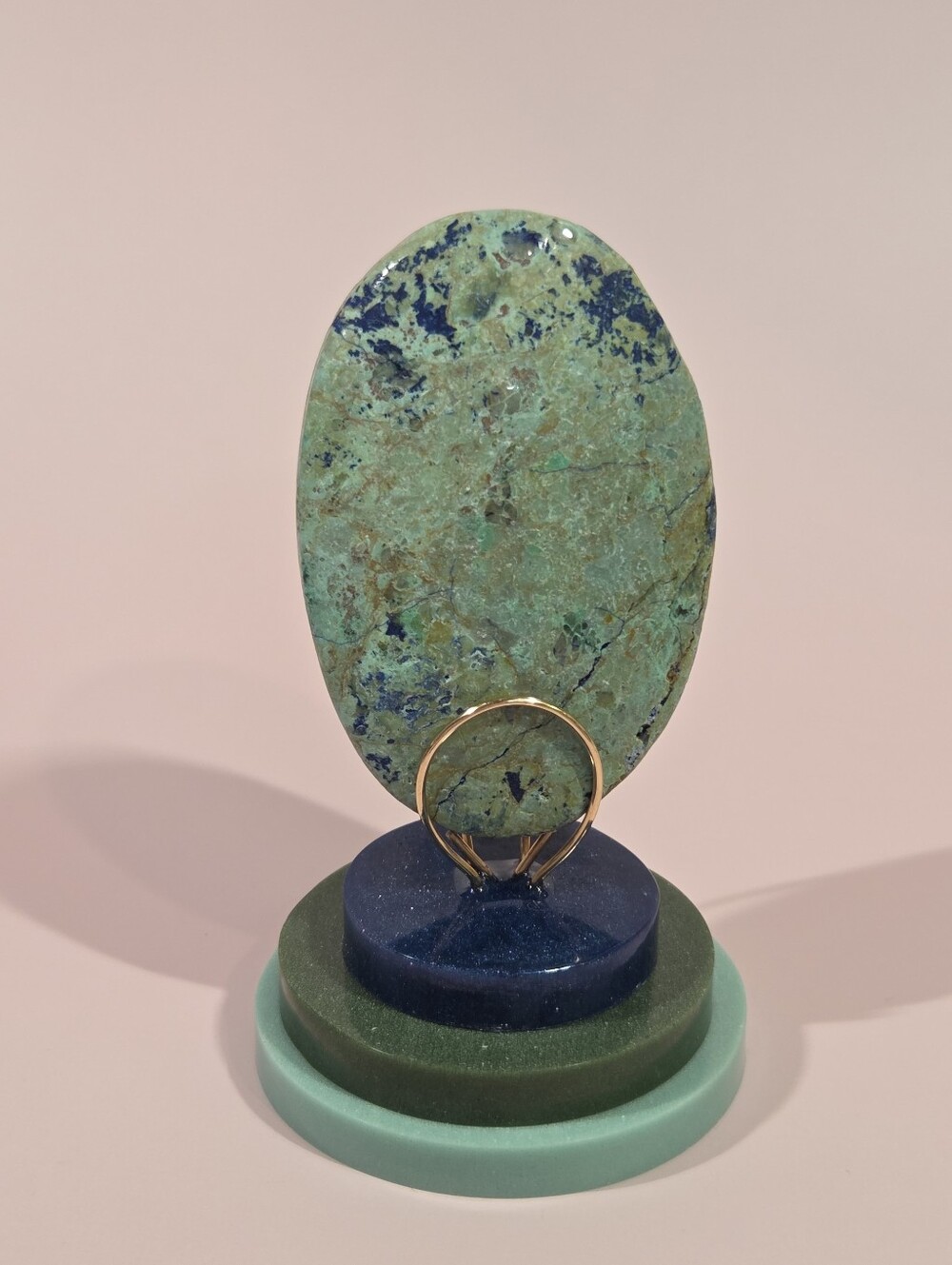 Natural Chrysocolla Shattuckite Polished Palm Stone On Handmade Bronze Display